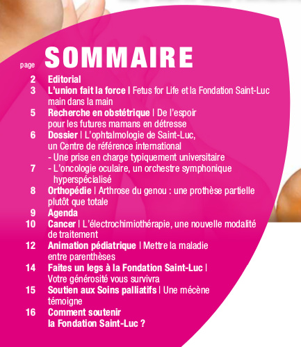 Sommaire - Revue de la Fondation Saint-Luc - Mars 2015